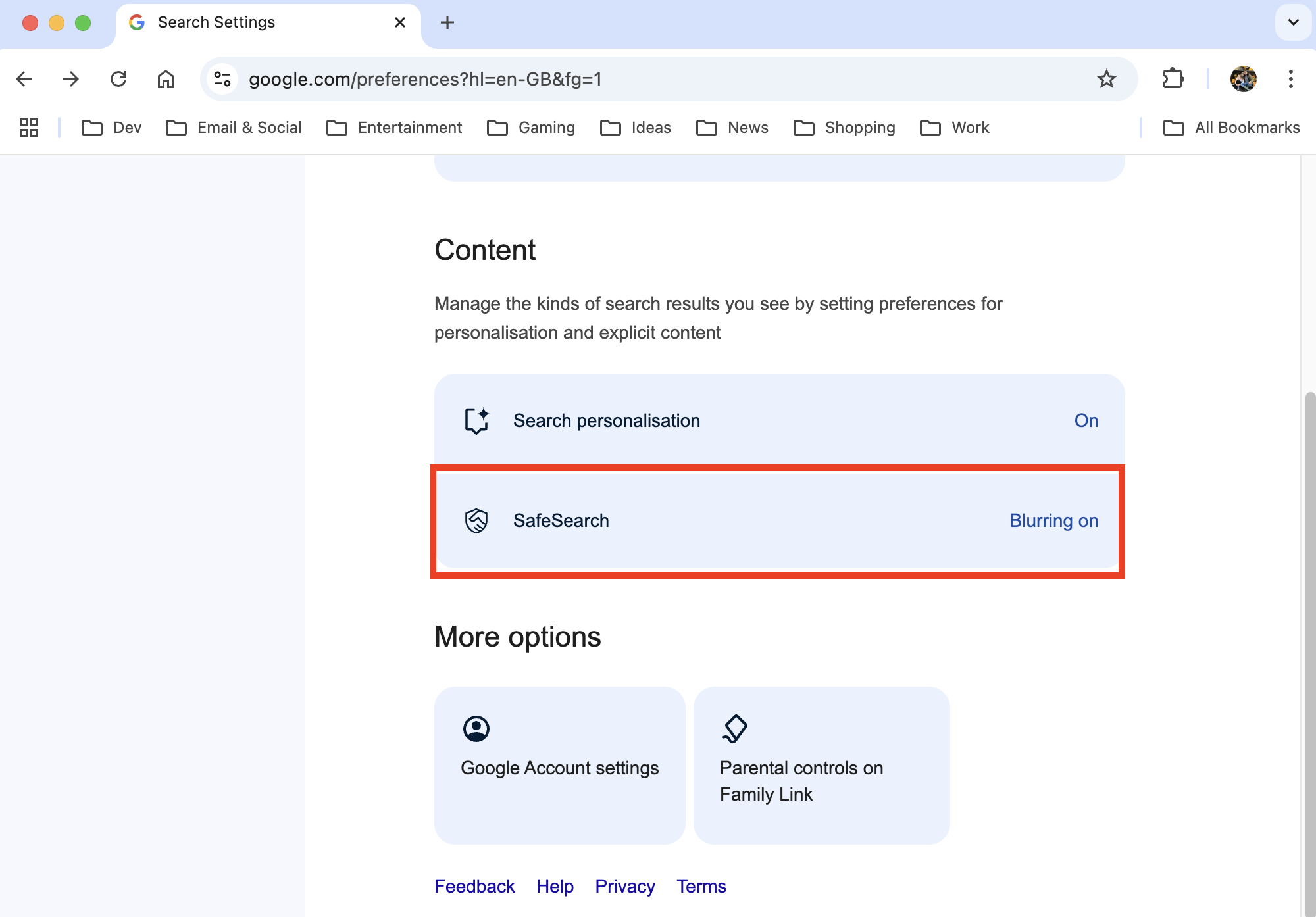 The Search Settings page for Google inside Chrome on Mac. To turn Safe Search off, first select it, then choose the Off option. The Search Settings page for Google inside Chrome on Mac. To turn Safe Search off, first select it, then choose the Off option.