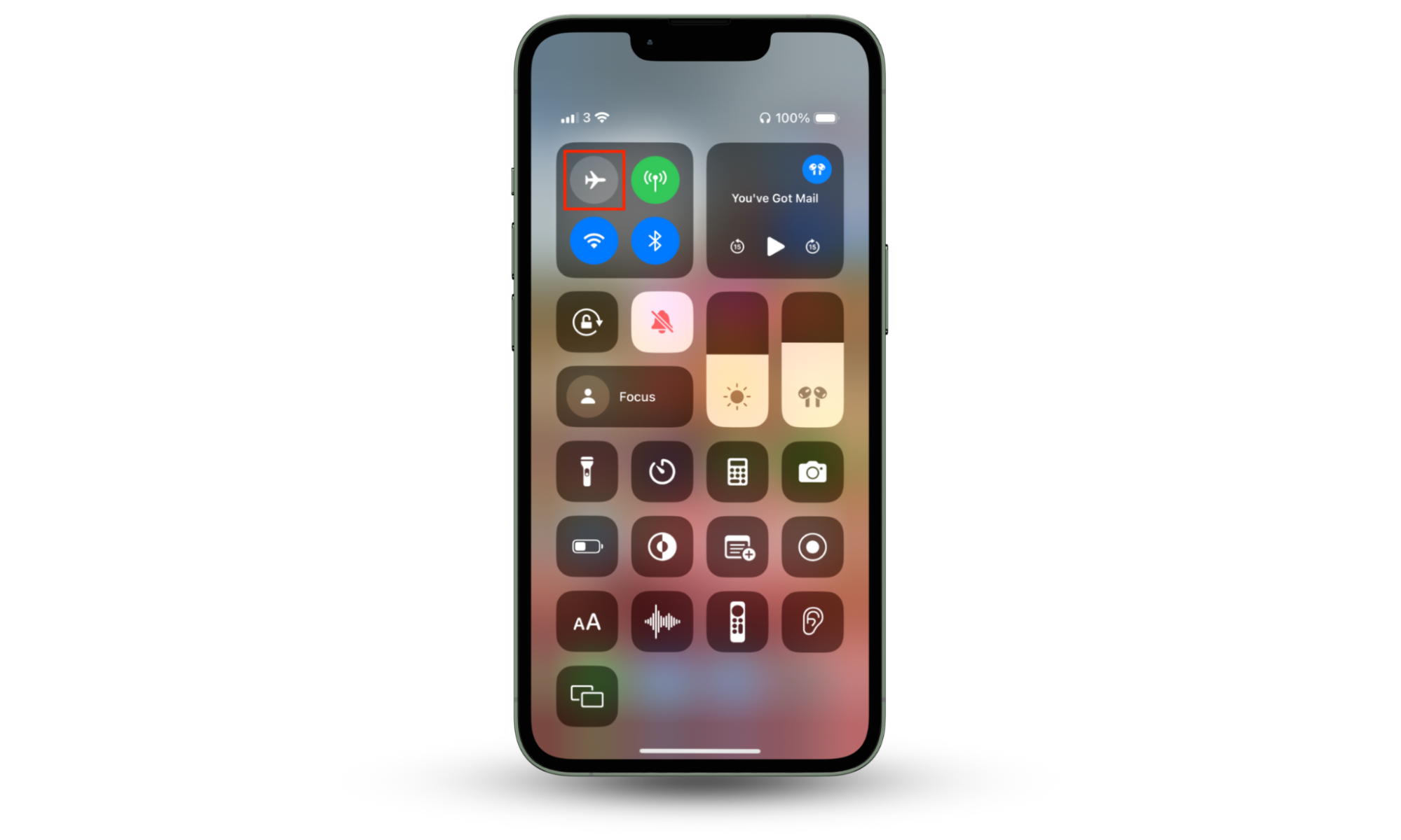 Control Center on iPhone with the button to enable Airplane mode. Tap the button to disable Wi-Fi and cellular communications, which will freeze location on Find My iPhone. Control Center on iPhone with the button to enable Airplane mode. Tap the button to disable Wi-Fi and cellular communications, which will freeze location on Find My iPhone.