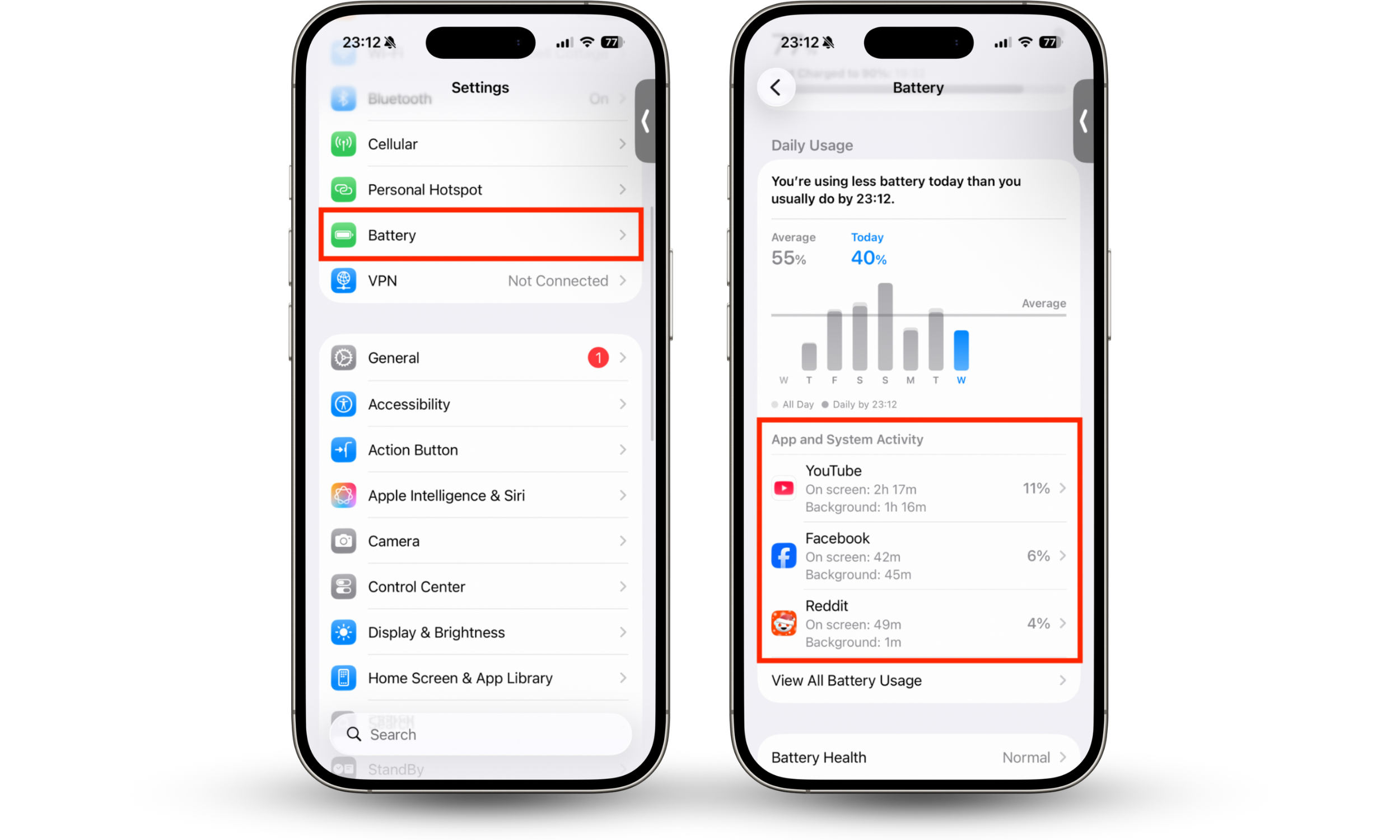 The Cellular usage stats within the Settings app on iPhone. If you want to learn how to check your iPhone for a virus in Settings, inspect your Battery and Cellular stats to see if any suspicious apps are showing excessive usage.