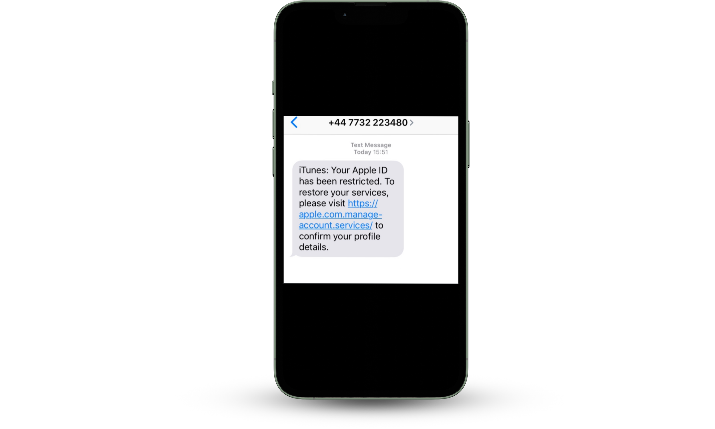 Apple ID phishing text message (smishing) impersonating Apple Inc. with an urgent alert and a malicious link requesting account verification