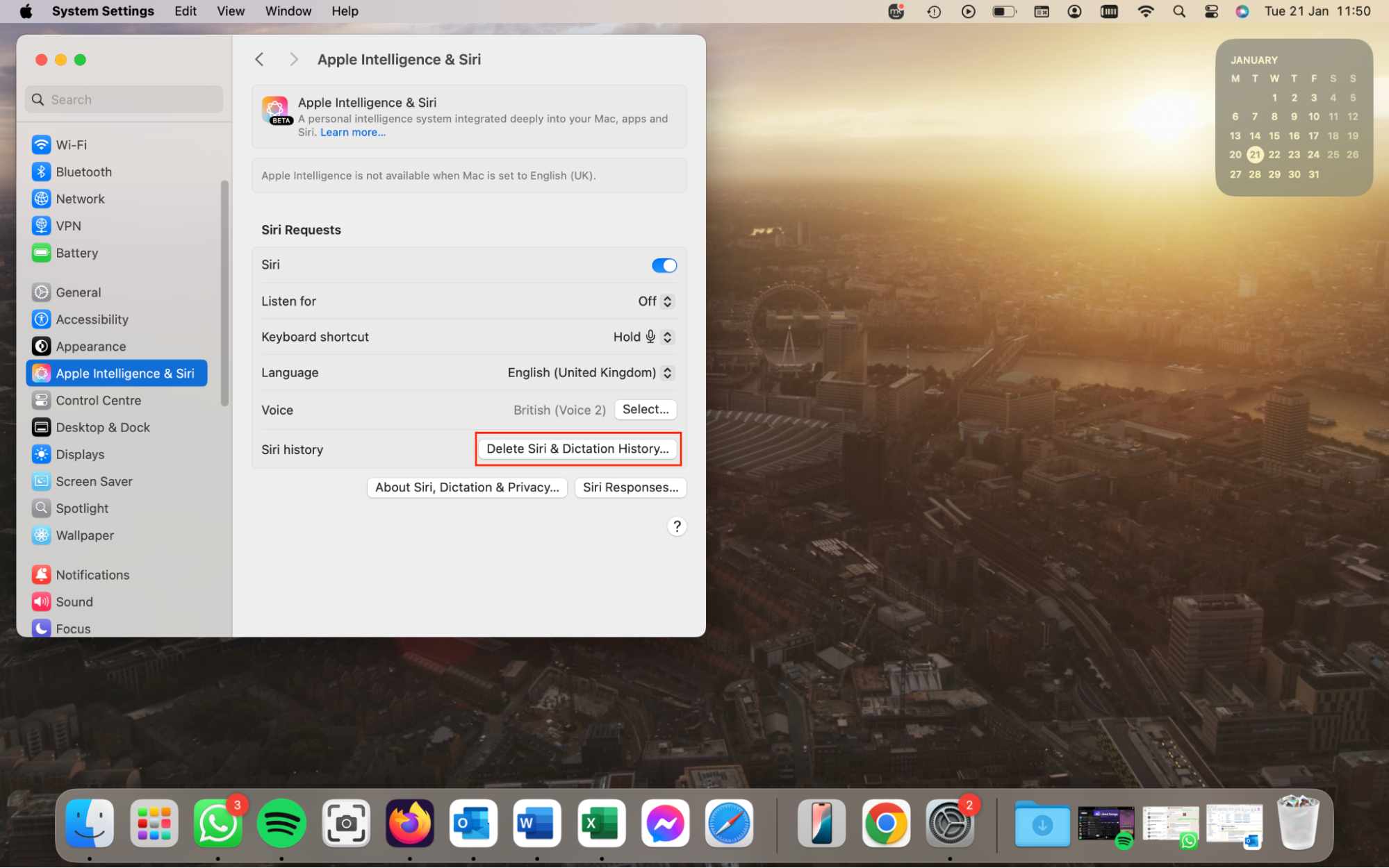 Apple Intelligence & Siri Settings on a MacBook, with Delete Siri & Dictation History highlighted. If you don't want Siri listening all the time, delete its history. Apple Intelligence & Siri Settings on a MacBook, with Delete Siri & Dictation History highlighted. If you don't want Siri listening all the time, delete its history.