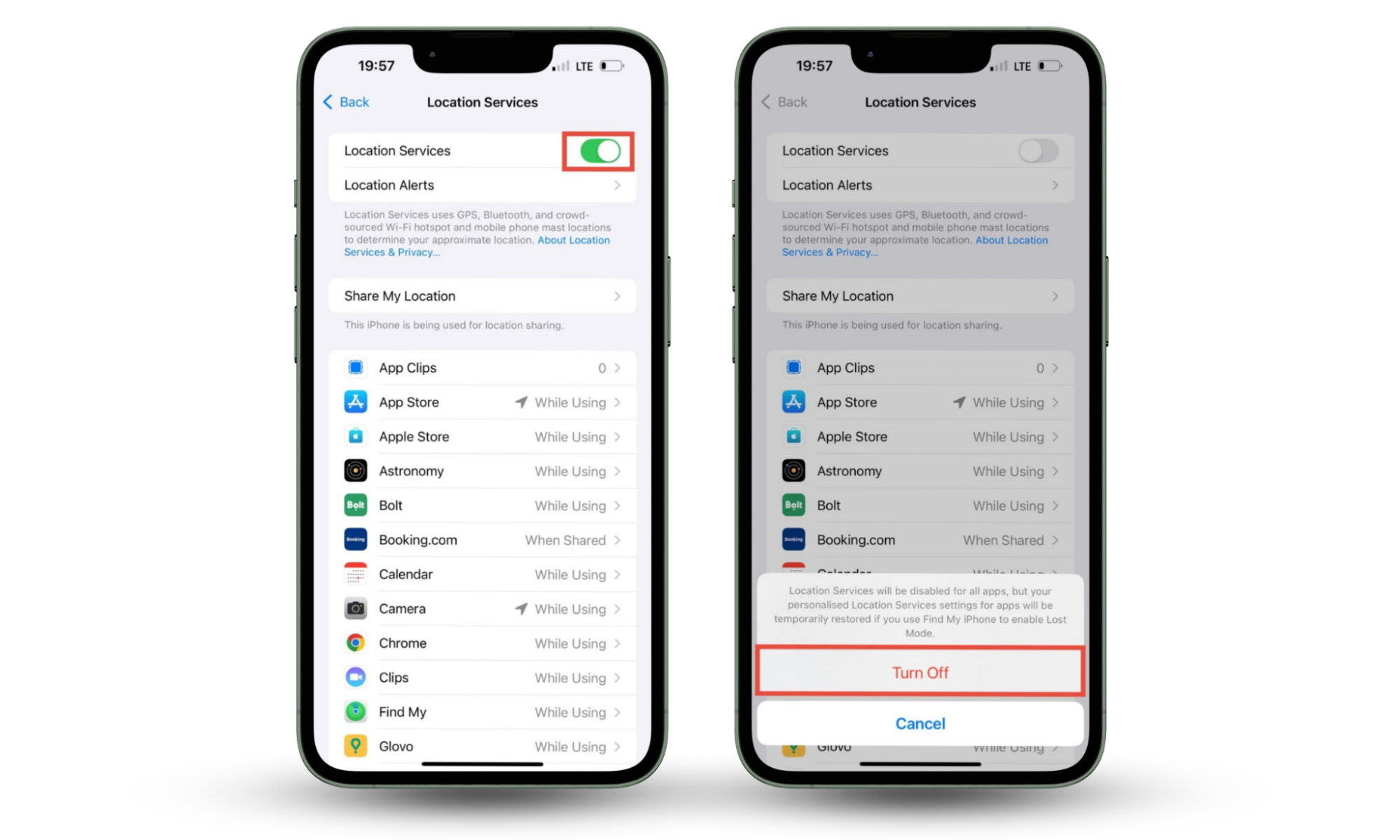 Use Clario Anti Spy if you want to stop sharing location without them knowing. Location Services toggle highlighted. Turn Off button highlighted. Use Clario Anti Spy if you want to stop sharing location without them knowing. Location Services toggle highlighted. Turn Off button highlighted.