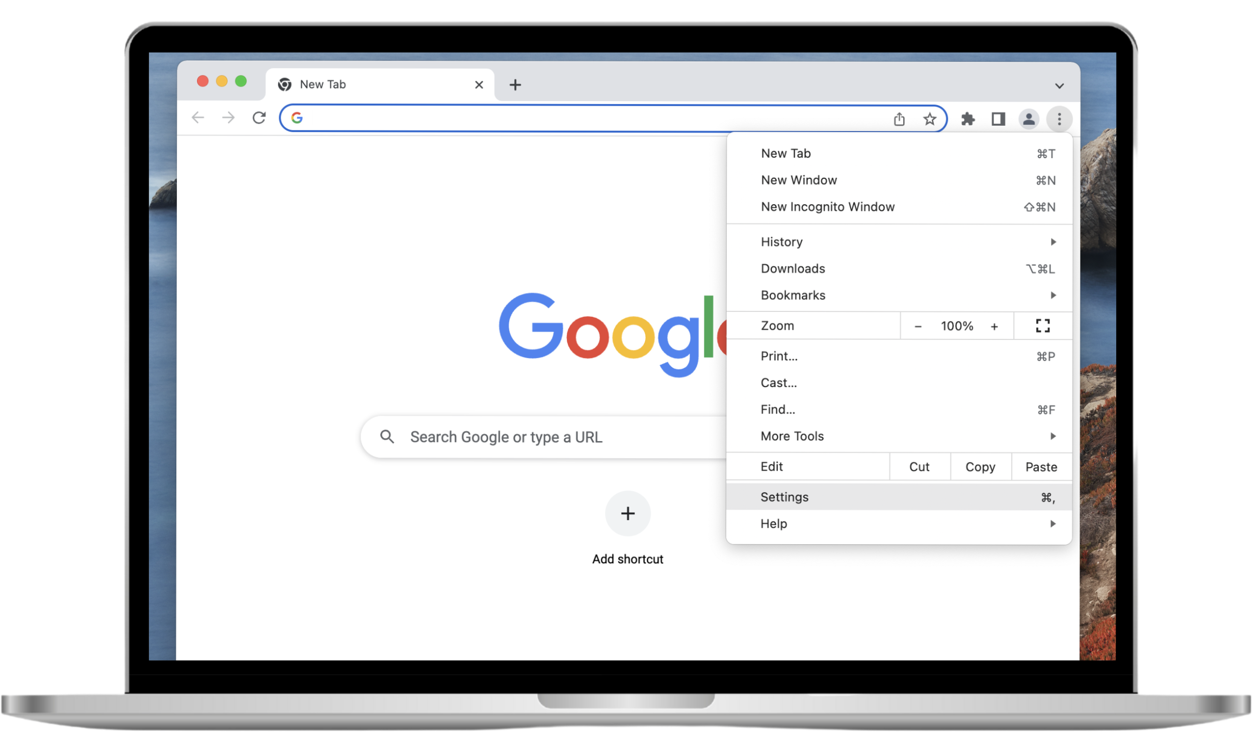 The Google Chrome browser menu is open with the Settings option selected from the drop-down list.
