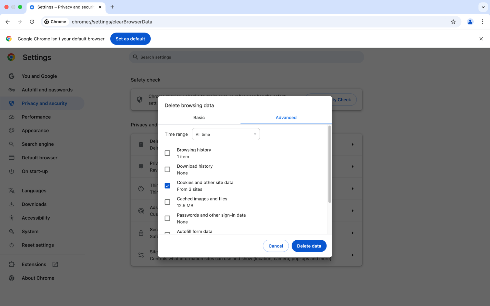 The Delete Browsing Data menu in Google Chrome on Mac. To delete cookies, select Cookies and other site data, then click Delete Data. The Delete Browsing Data menu in Google Chrome on Mac. To delete cookies, select Cookies and other site data, then click Delete Data.