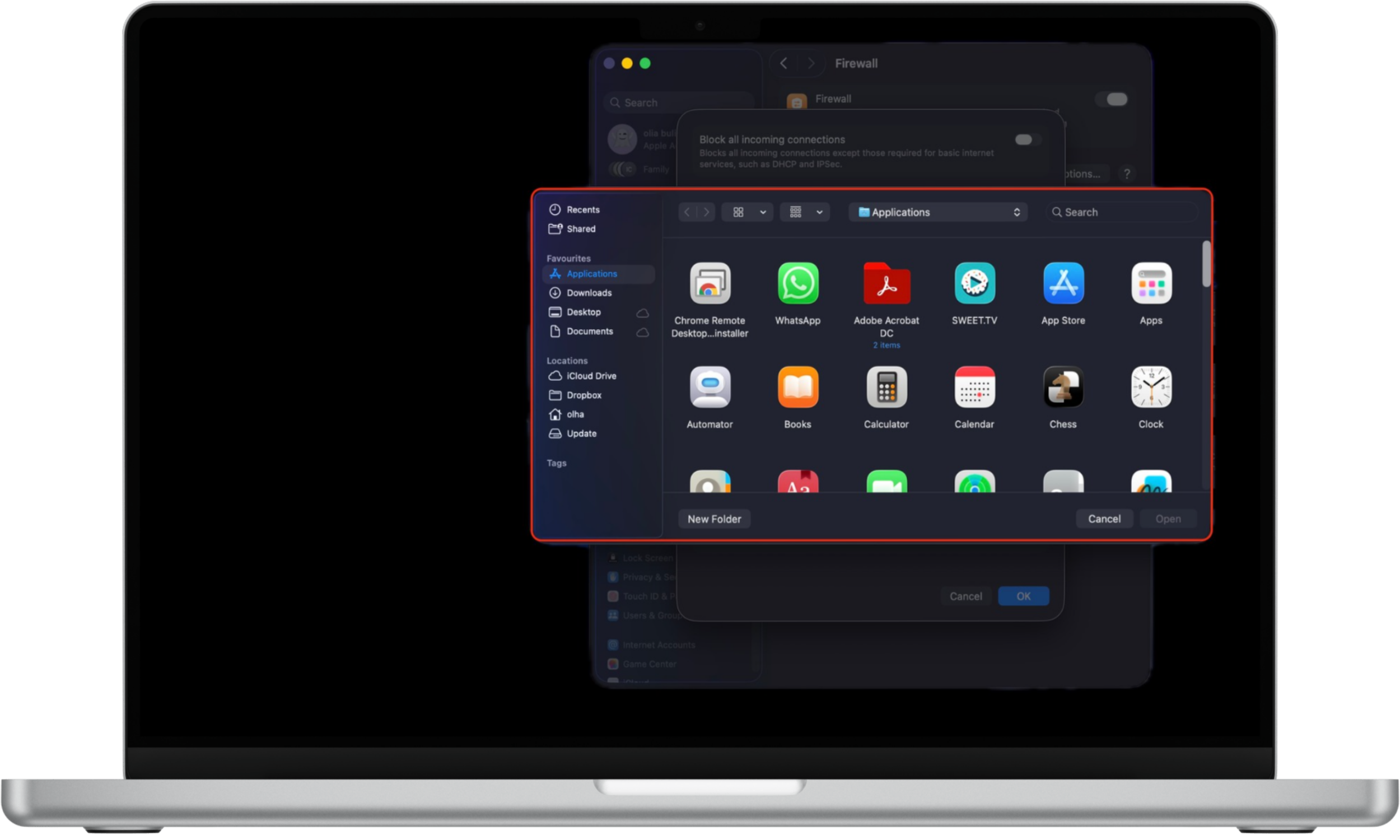 macOS firewall settings showing how to allow or block incoming connections for individual apps to reduce zero-day attack risk