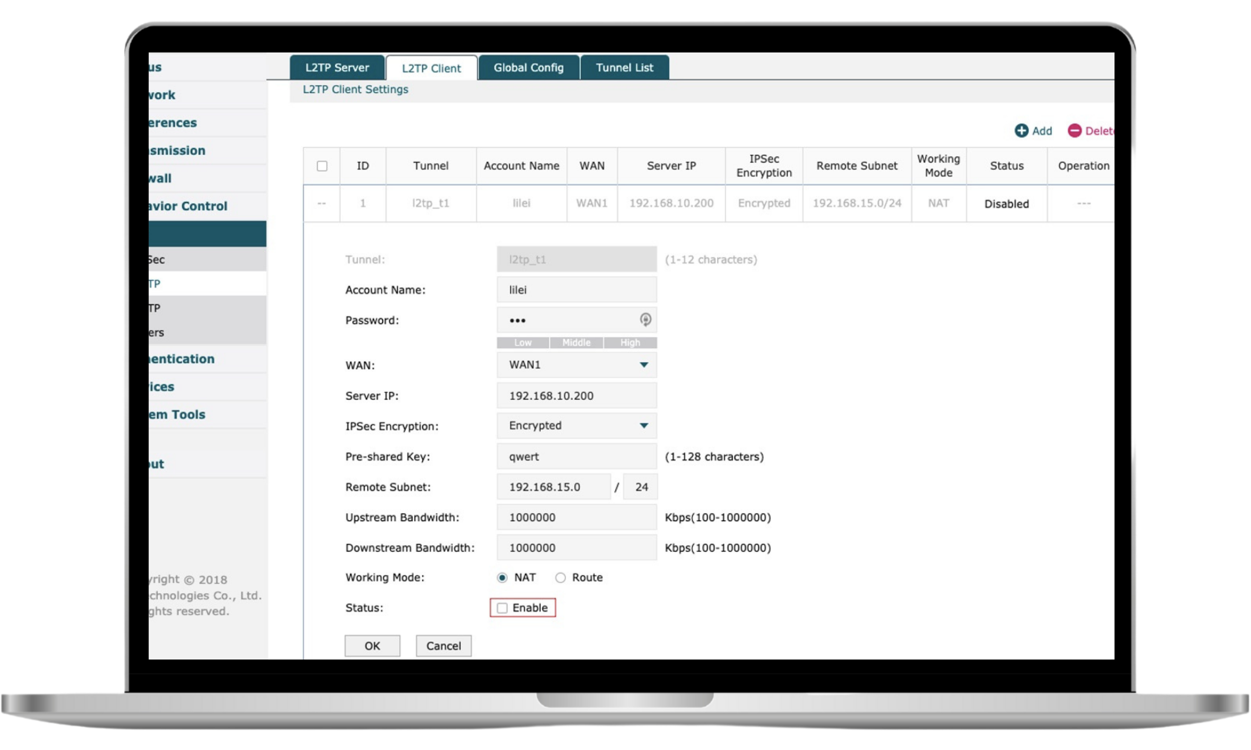 Router VPN settings interface showing Enable option selected.