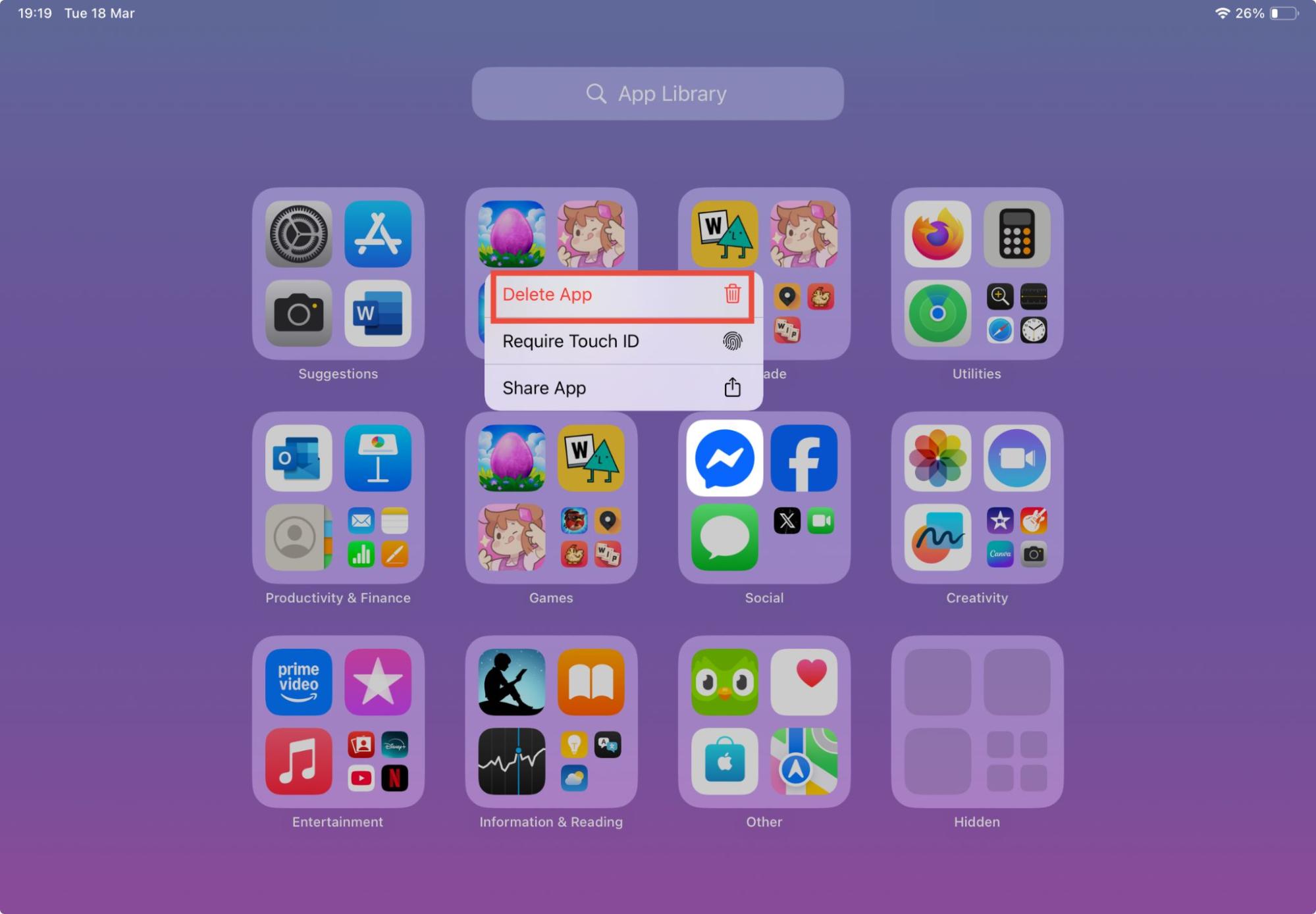 The App Library on an iPad, with a menu open and Delete App highlighted. If you detect spyware on iPad, remove the app immediately. The App Library on an iPad, with a menu open and Delete App highlighted. If you detect spyware on iPad, remove the app immediately.