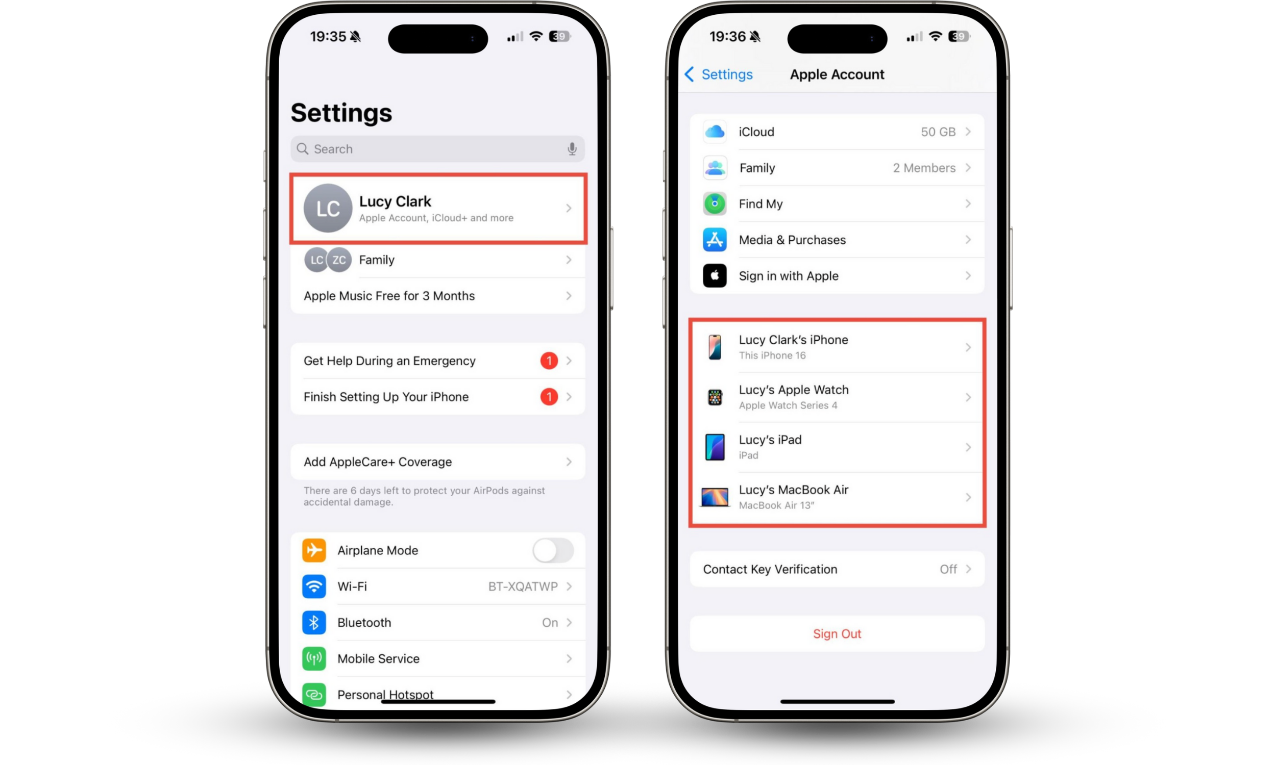 Settings on an iPhone, showing how to find which devices are linked to a user's Apple Account. To tell if your iPhone has been cloned or someone has access to your Apple ID, look at which devices are listed. Settings on an iPhone, showing how to find which devices are linked to a user's Apple Account. To tell if your iPhone has been cloned or someone has access to your Apple ID, look at which devices are listed.