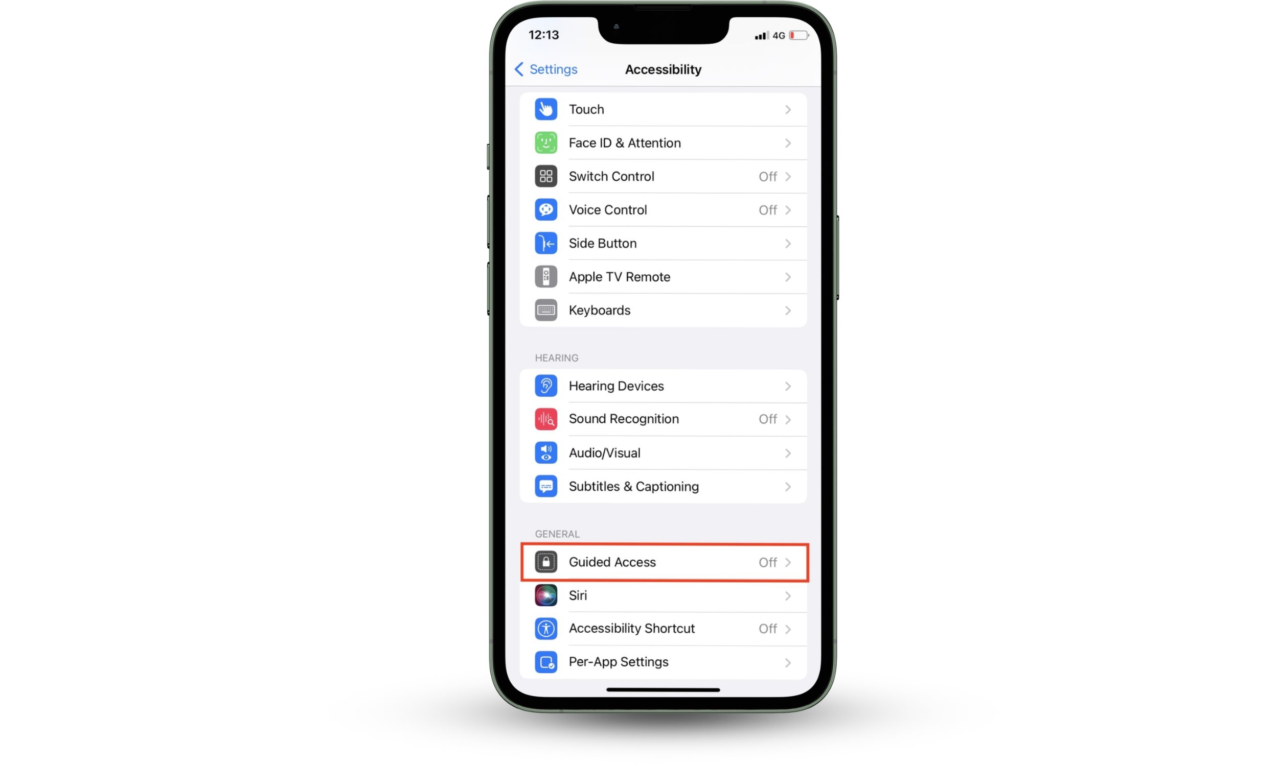 The Guided Access settings page on an iPhone shows the option to enable or disable Guided Access, which helps keep users within a single app. The Guided Access settings page on an iPhone shows the option to enable or disable Guided Access, which helps keep users within a single app.