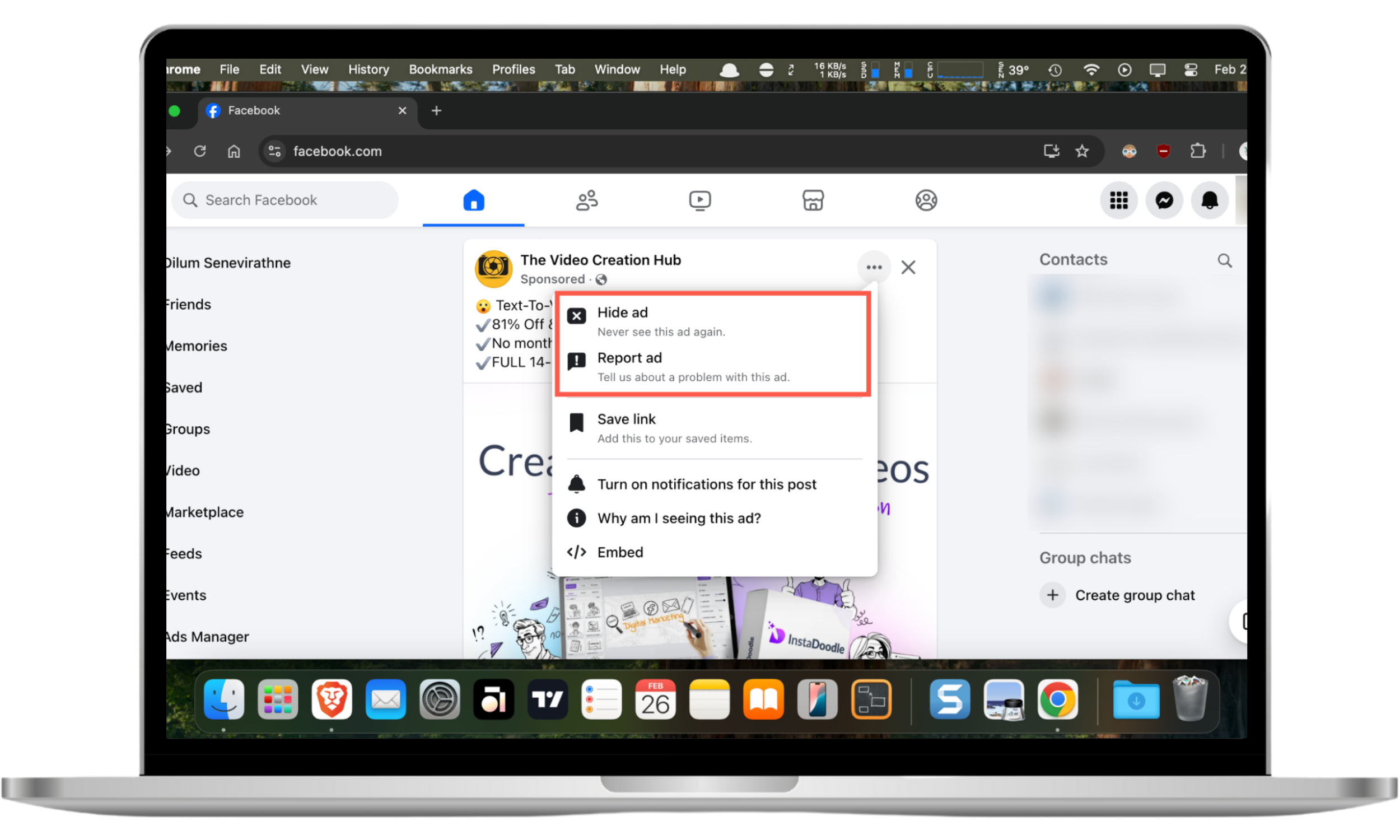 This browser screenshot shows how to stop Facebook ads by hiding ads from certain advertising companies as you see them in your feed. This browser screenshot shows how to stop Facebook ads by hiding ads from certain advertising companies as you see them in your feed.