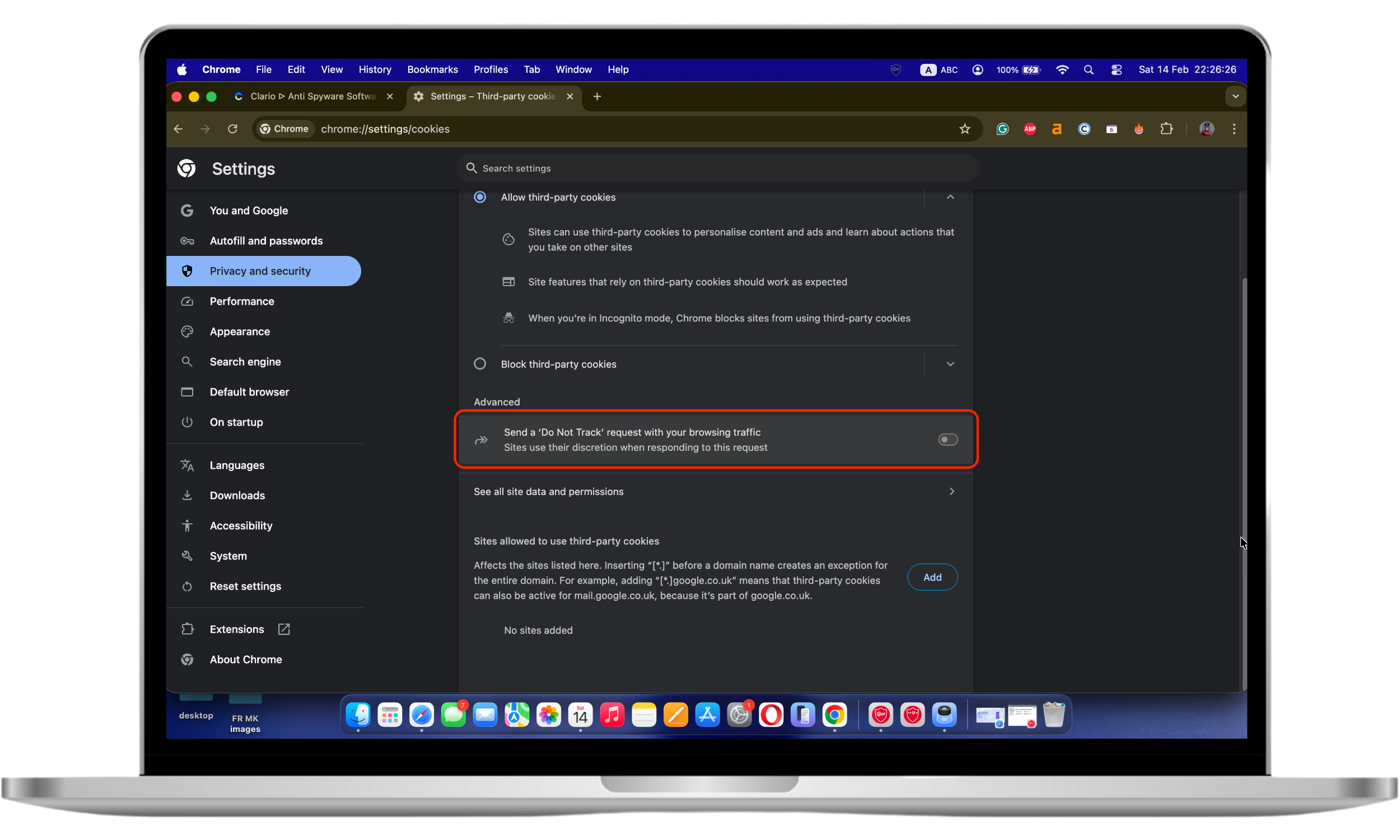 These Mac screenshots show how to disable Chrome's Send a Do Not Track Request option, which helps stop browser tracking.