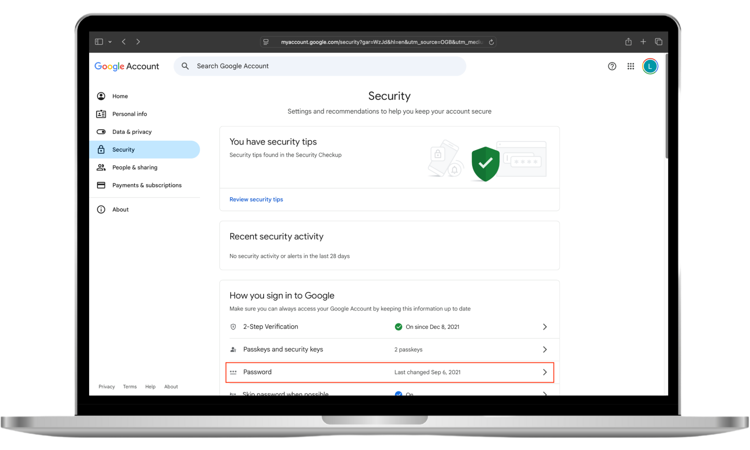 The Google Account Security settings page, open on a Mac. Change your Google password if someone accesses it, to stop phone cloning. The Google Account Security settings page, open on a Mac. Change your Google password if someone accesses it, to stop phone cloning.