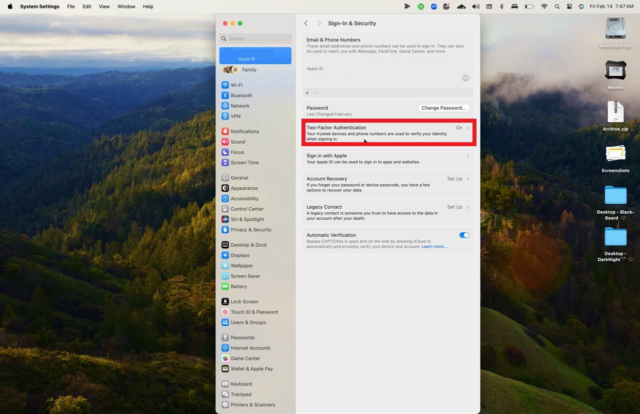 The Apple ID settings page on macOS with Sign-In & Security selected, reinforcing security measures to answer the question, Can Mac get viruses? and protect user data The Apple ID settings page on macOS with Sign-In & Security selected, reinforcing security measures to answer the question, Can Mac get viruses? and protect user data