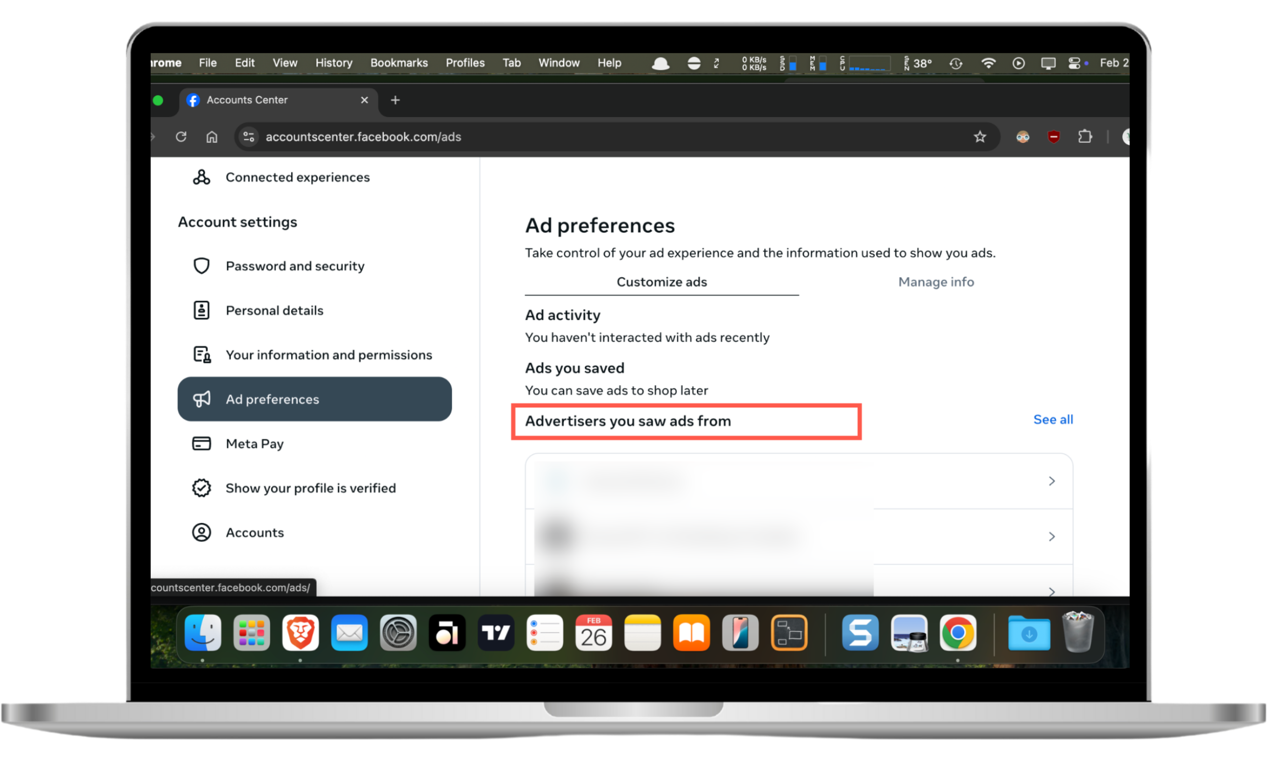 This browser screenshot shows how to stop Facebook ads—one way to do that is to manage your ad preferences from certain advertisers. This browser screenshot shows how to stop Facebook ads—one way to do that is to manage your ad preferences from certain advertisers.