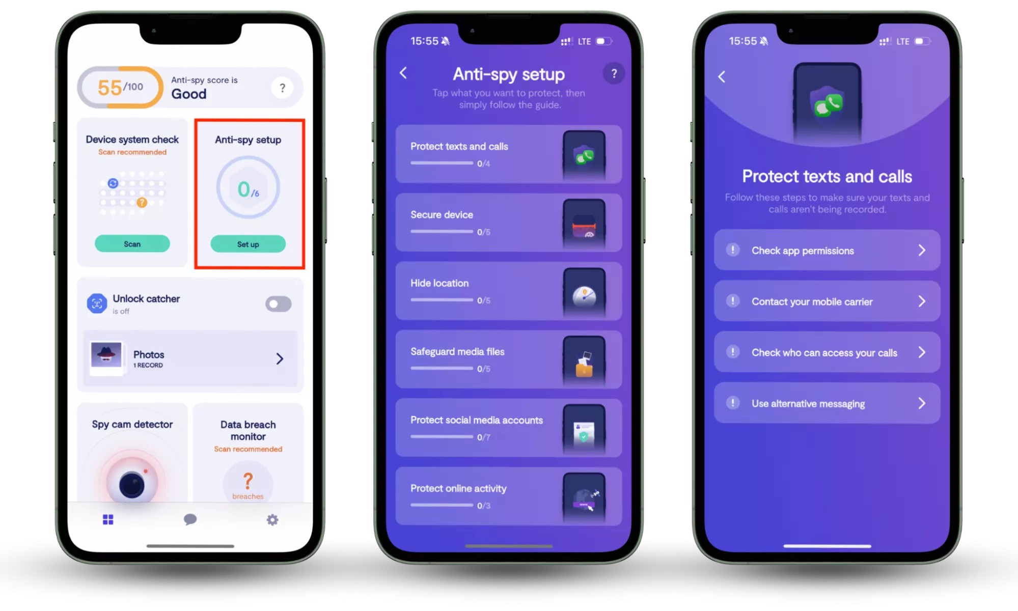 Screenshot of Clario Anti Spy dashboard instructing how to run a deep scan on your device to see if your phone has spyware on it and see if your FaceTime is tapped.