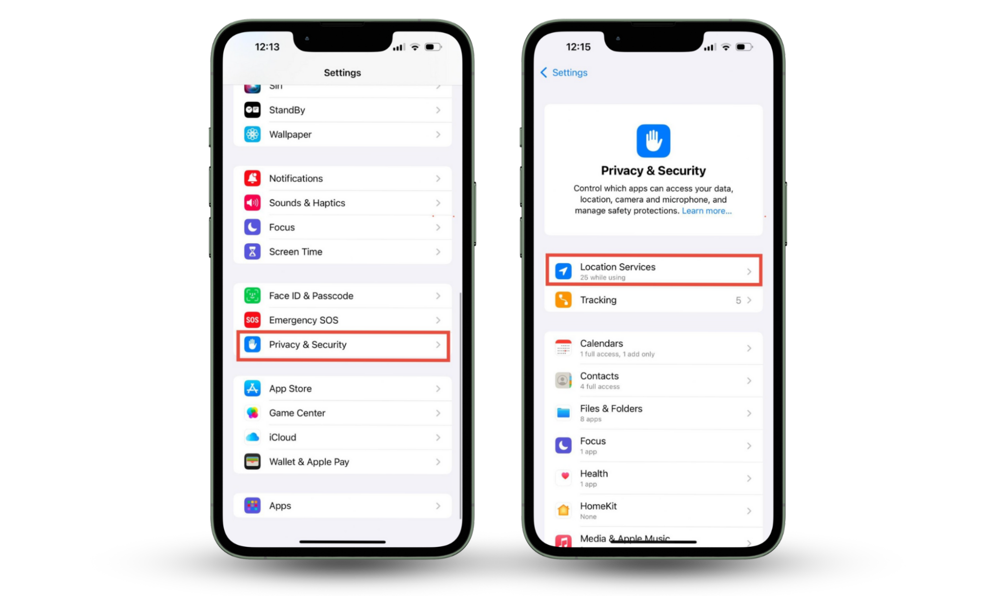 Settings menu on iPhone with Privacy & Security feature highlighted. Restrict Location Services to prevent government spying on your iphone. Settings menu on iPhone with Privacy & Security feature highlighted. Restrict Location Services to prevent government spying on your iphone.