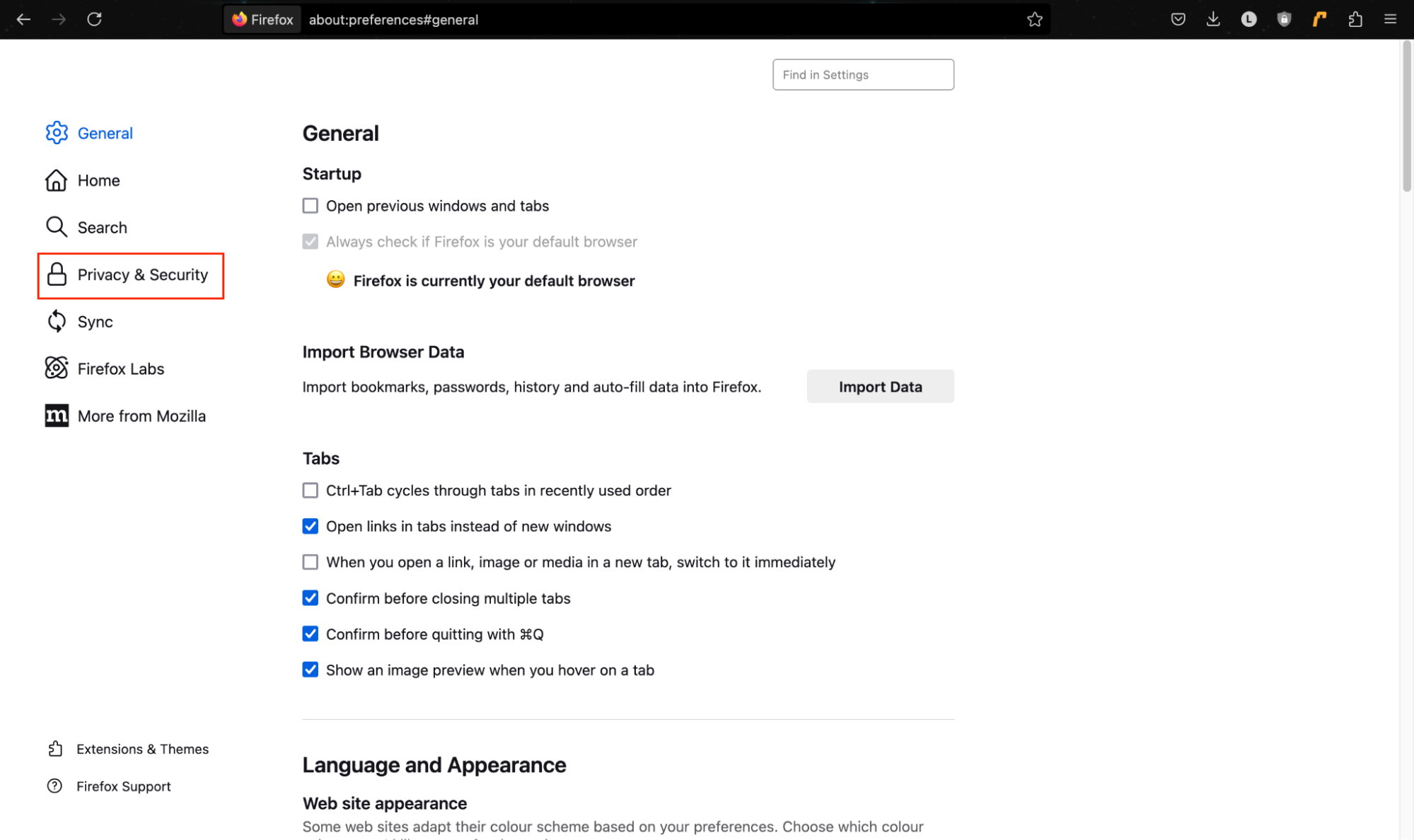 The Settings page in Firefox. To remove cookies in Firefox, start by opening Settings and clicking Privacy & Security. The Settings page in Firefox. To remove cookies in Firefox, start by opening Settings and clicking Privacy & Security.
