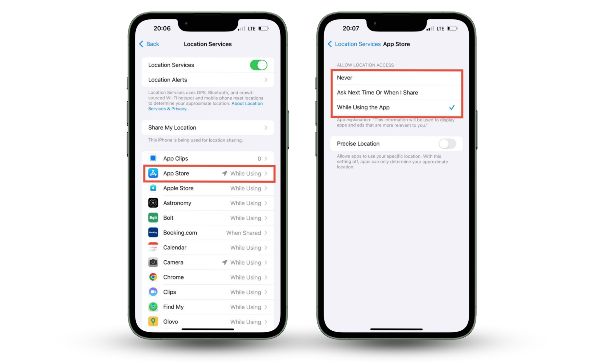 Use Clario Anti Spy if you want to stop sharing location without them knowing. Location Services feature open on iPhone with App Store app highlighted. Location access manage bar highlighted. Use Clario Anti Spy if you want to stop sharing location without them knowing. Location Services feature open on iPhone with App Store app highlighted. Location access manage bar highlighted.