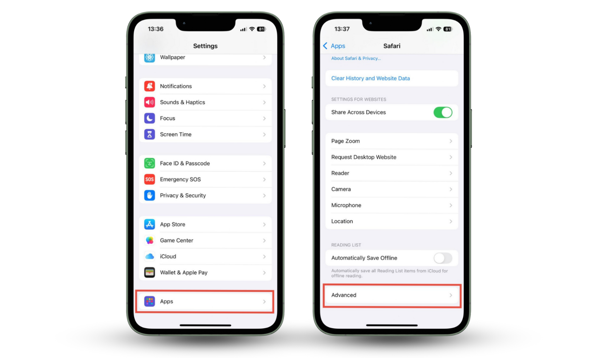 The first steps to remove cookies in iOS in Safari. You'll start by opening the Settings app and choosing Apps, finding Safari, and tapping Advanced. The first steps to remove cookies in iOS in Safari. You'll start by opening the Settings app and choosing Apps, finding Safari, and tapping Advanced.
