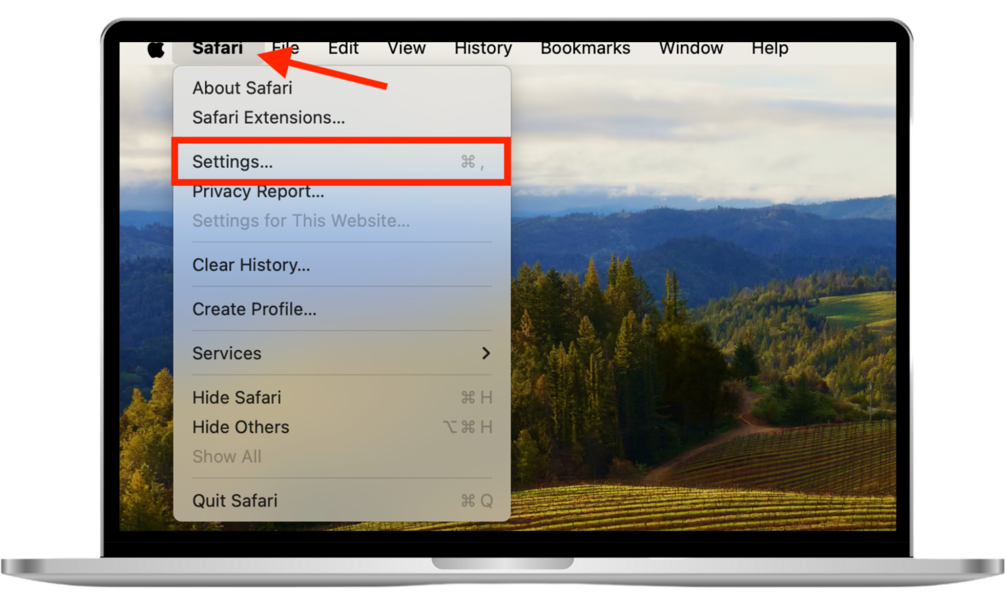 The Settings option inside the Safari menu on Mac. You can go into Safari's settings menu to Remove extensions you don't recognize when you suspect you have been infected by Look2Me spyware. The Settings option inside the Safari menu on Mac. You can go into Safari's settings menu to Remove extensions you don't recognize when you suspect you have been infected by Look2Me spyware.