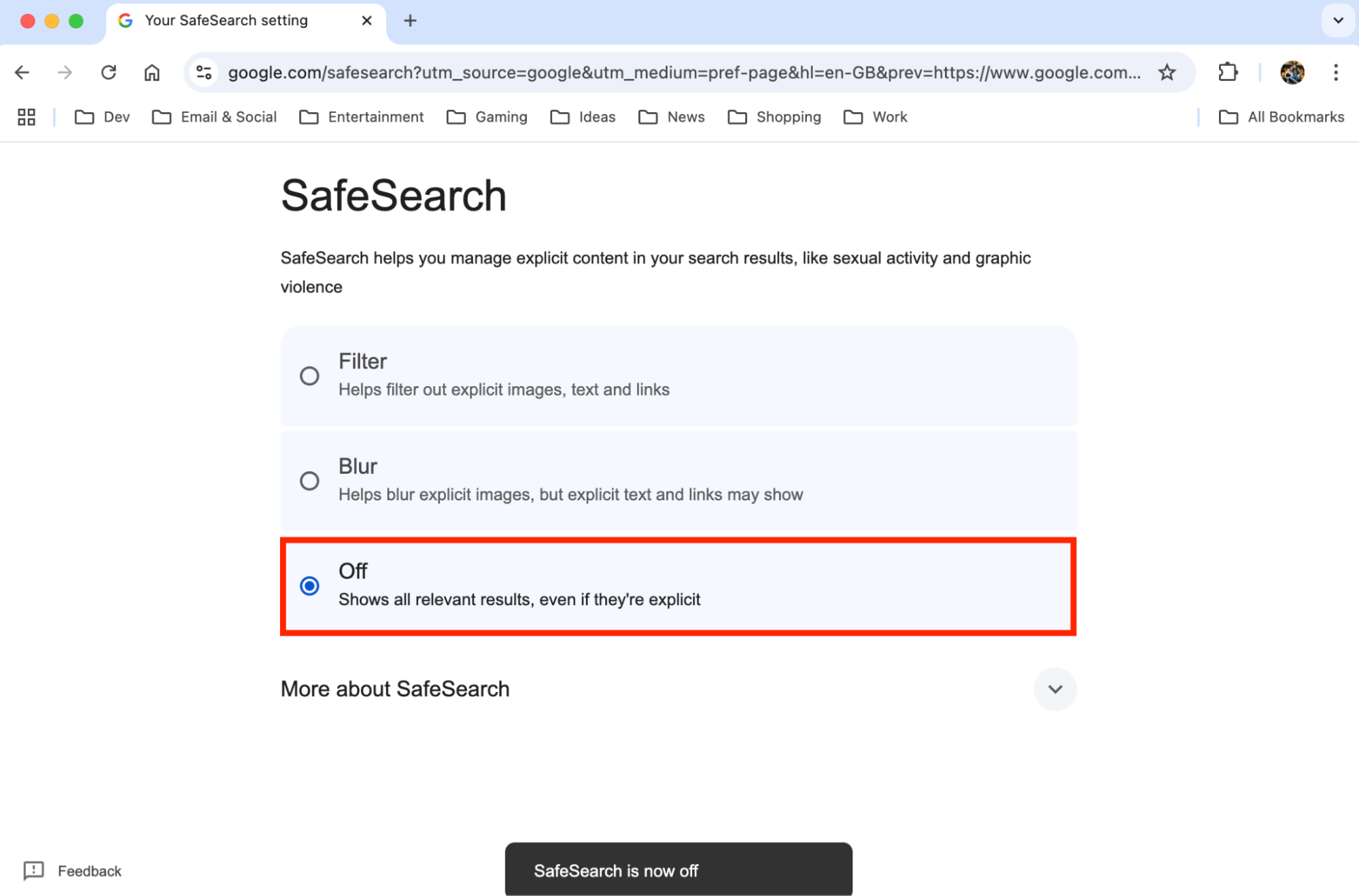 The SafeSearch settings page for Google inside Chrome on Mac. You can manage and turn off Safe Search from here. The SafeSearch settings page for Google inside Chrome on Mac. You can manage and turn off Safe Search from here.