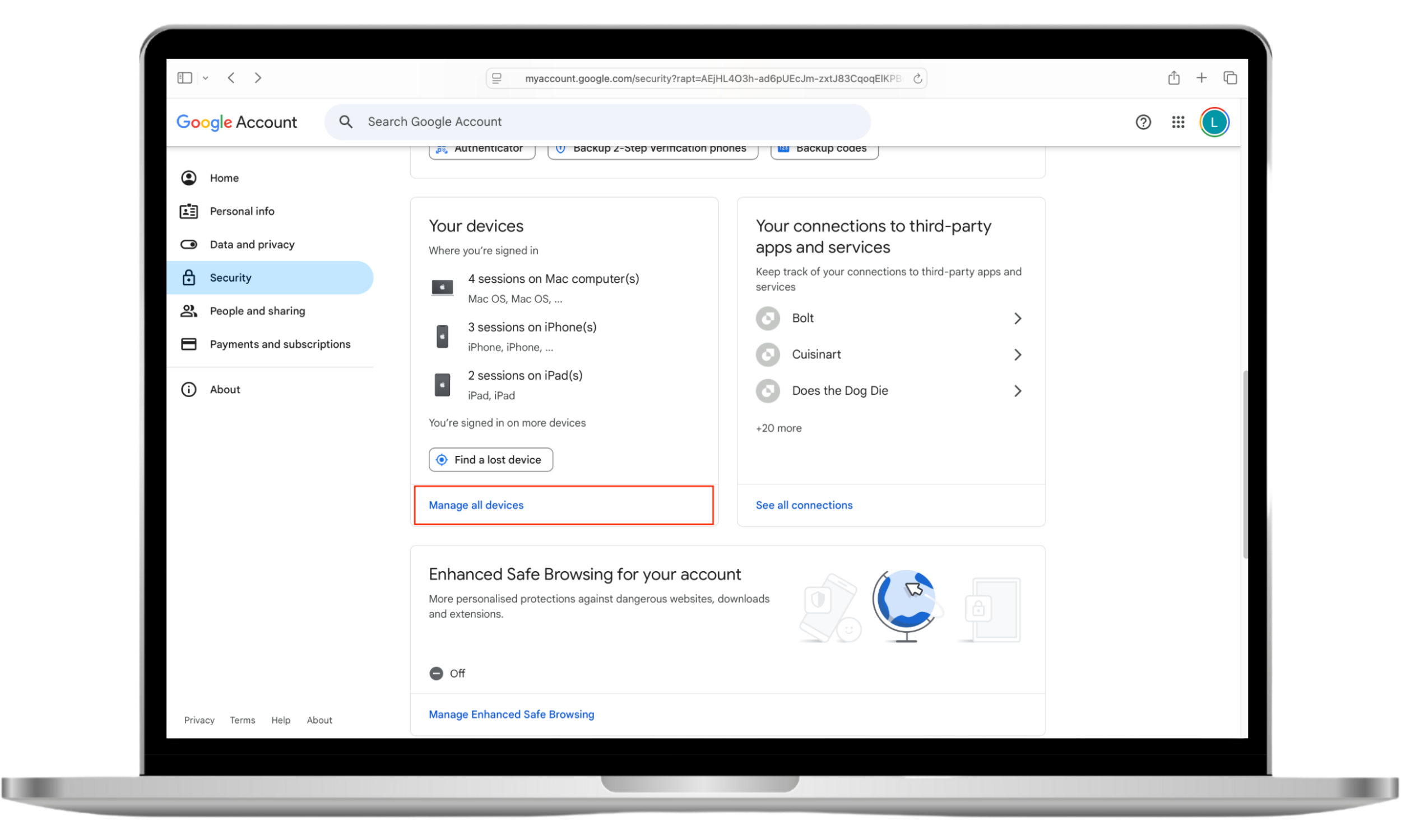 Google Account Settings, on the Security page, with Manage all devices highlighted. Having your wife access your text messages because her device is logged in to your accounts can be frustrating. Google Account Settings, on the Security page, with Manage all devices highlighted. Having your wife access your text messages because her device is logged in to your accounts can be frustrating.