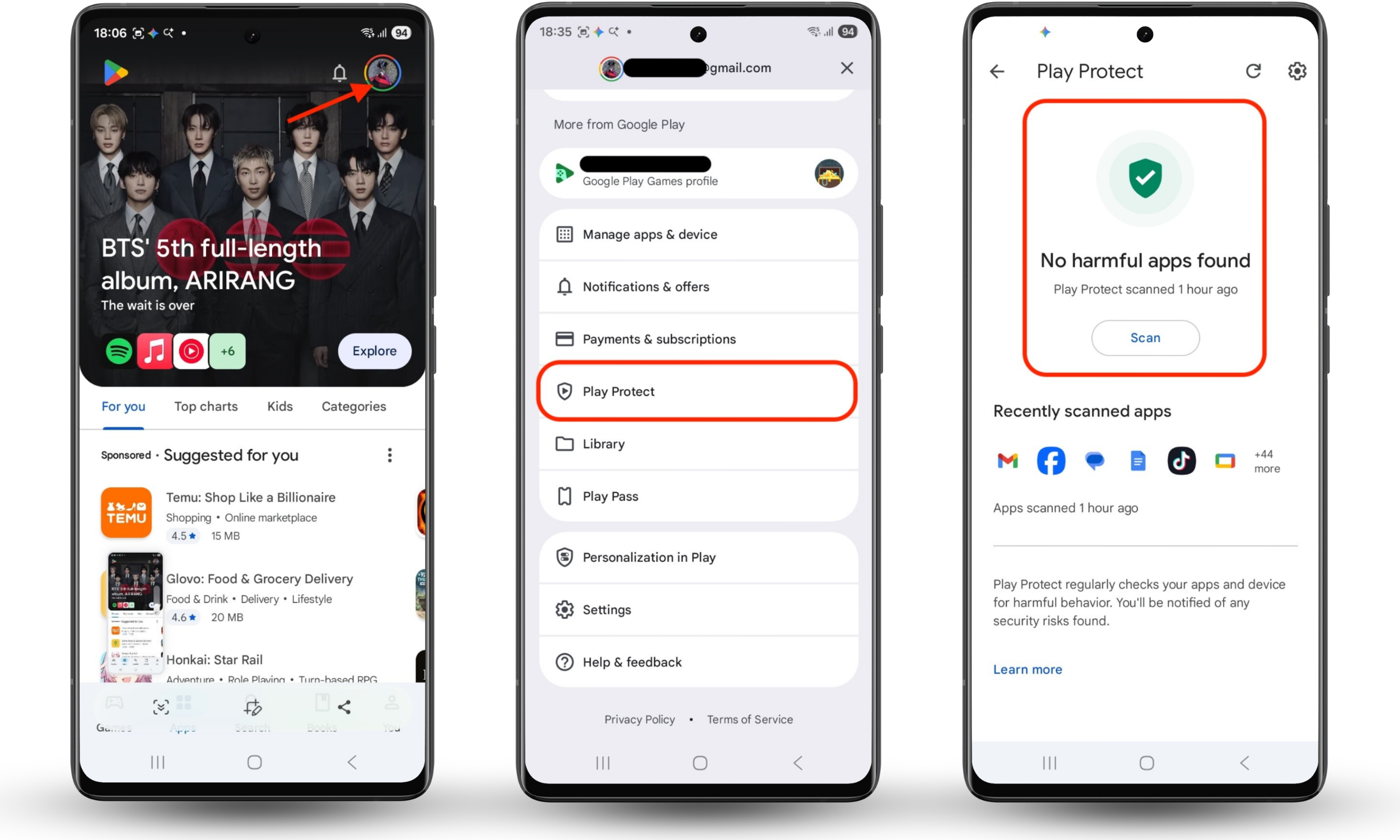 The Google Play Store app on an Android phone showing the Play Protect screen during a security scan, with options to scan apps and view results for potential threats. The Google Play Store app on an Android phone showing the Play Protect screen during a security scan, with options to scan apps and view results for potential threats.