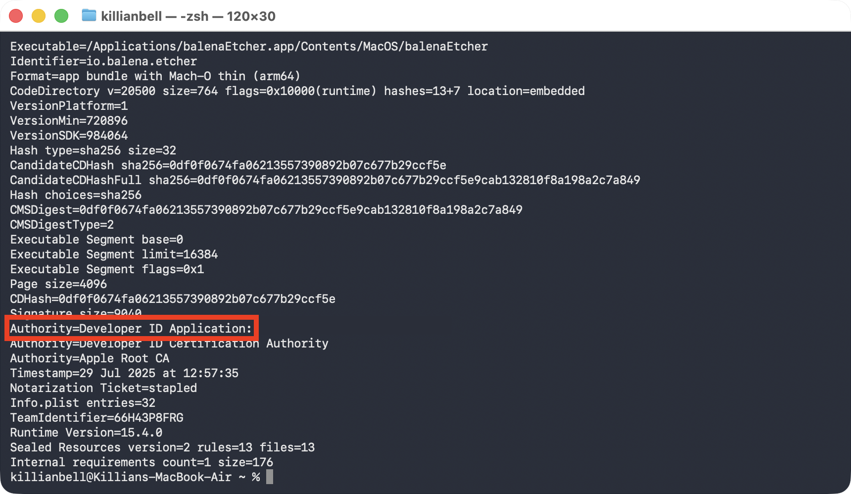 An app’s digital signature displayed inside Terminal on Mac. Use this feature to verify that your Kaseya Agent is genuine and not illegitimate spyware. An app’s digital signature displayed inside Terminal on Mac. Use this feature to verify that your Kaseya Agent is genuine and not illegitimate spyware.