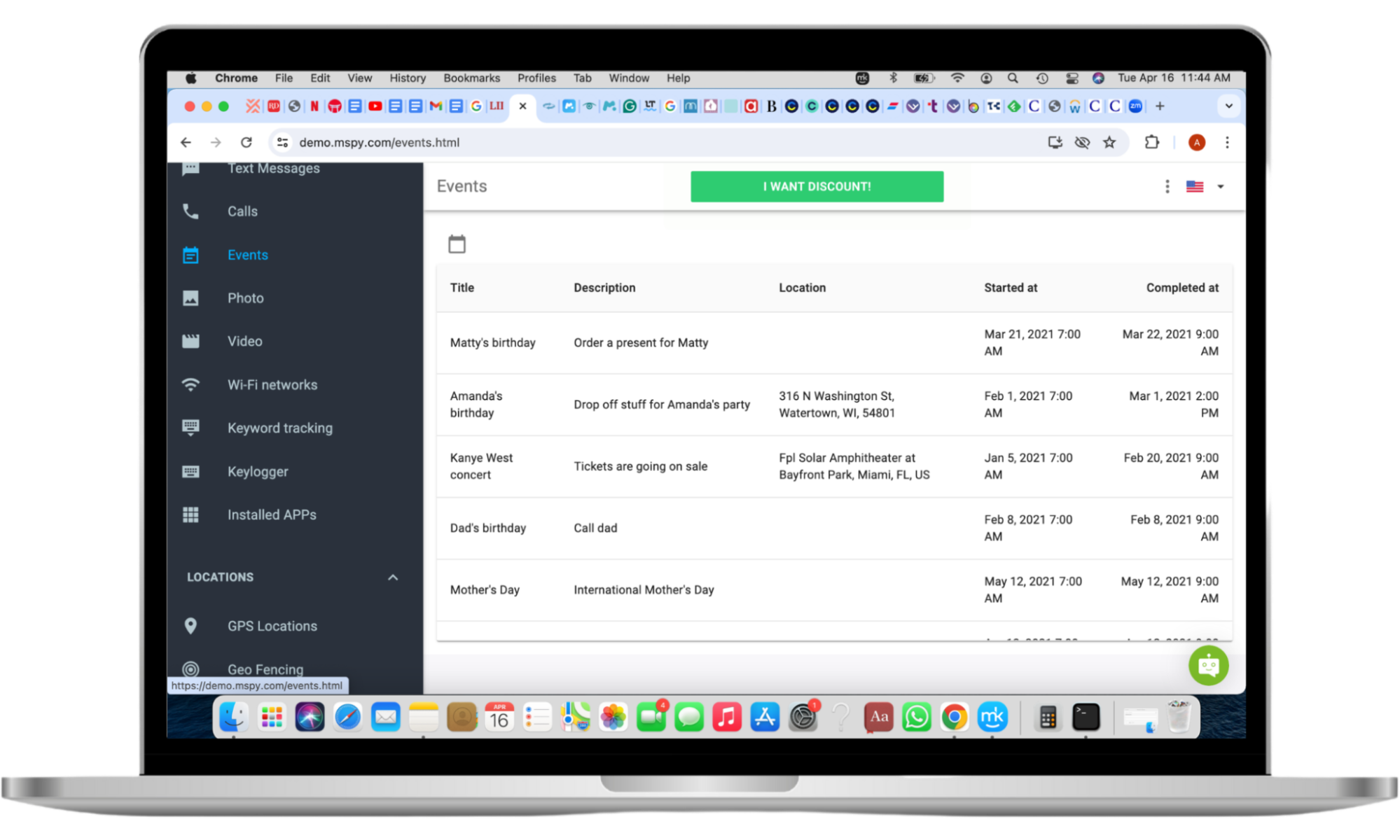 A mockup of mSpy's events feature on a Mac screen. It shows what the spy can track on the target phone, including their calendar events, a description of the events, and other details like times and locations. A mockup of mSpy's events feature on a Mac screen. It shows what the spy can track on the target phone, including their calendar events, a description of the events, and other details like times and locations.