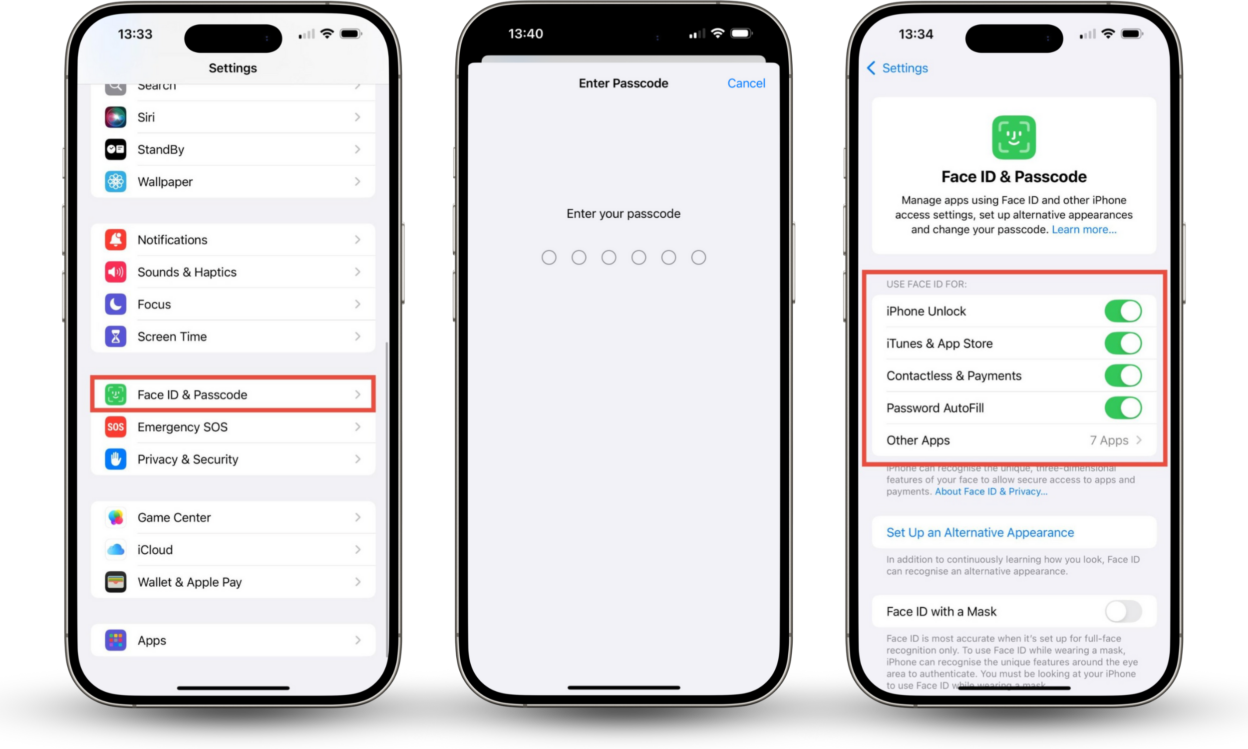 Use Clario Anti Spy's Device system check feature when Face ID not available issue arises. Face ID & Passcode feature highlighted. The enter your passcode page is open on iPhone. Face ID & Passcode settings open with the Use Face ID For feature block highlighted. Use Clario Anti Spy's Device system check feature when Face ID not available issue arises. Face ID & Passcode feature highlighted. The enter your passcode page is open on iPhone. Face ID & Passcode settings open with the Use Face ID For feature block highlighted.