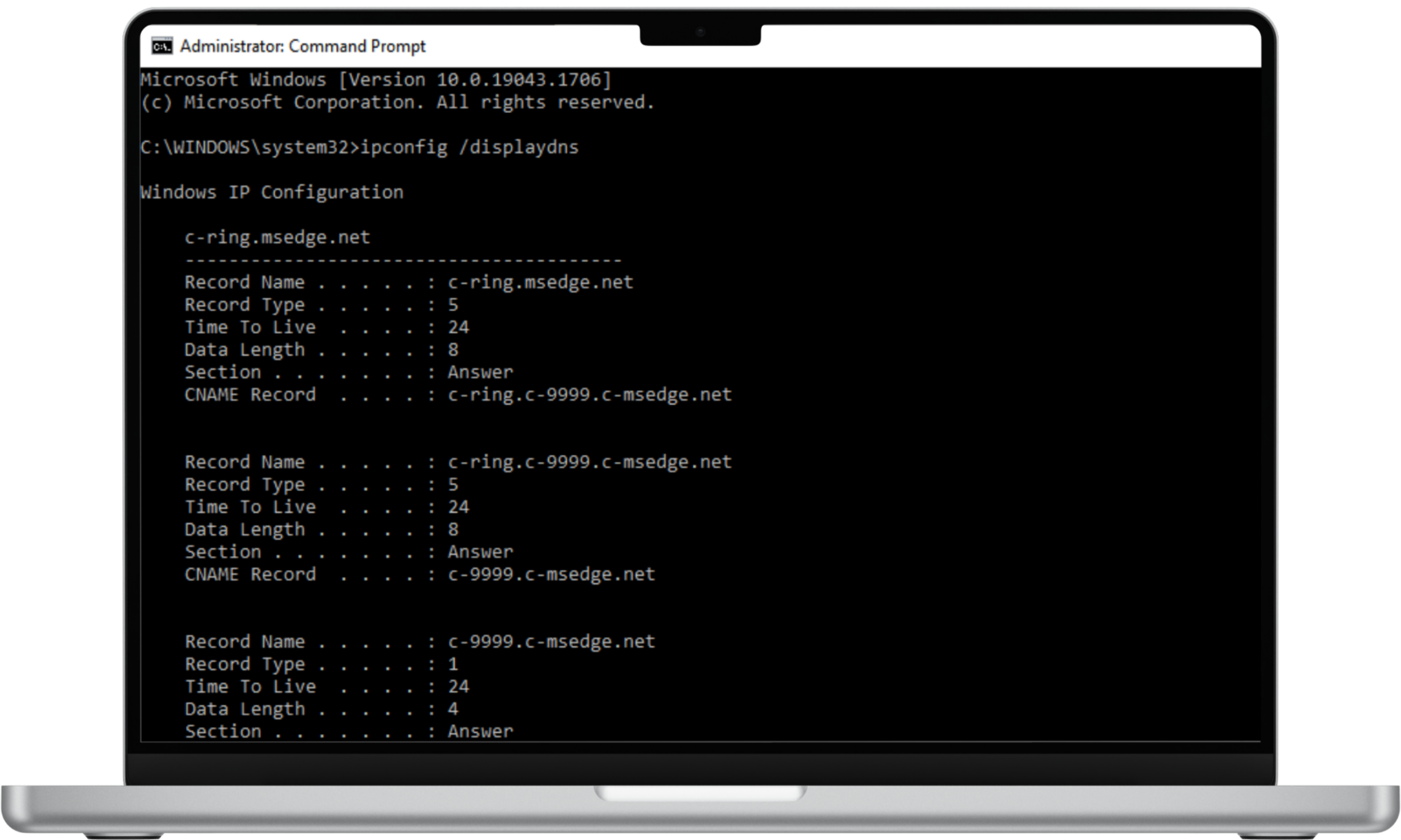 This Windows screenshot shows the ipconfig /displaydns command being run in Command Prompt to display locally cached DNS records.