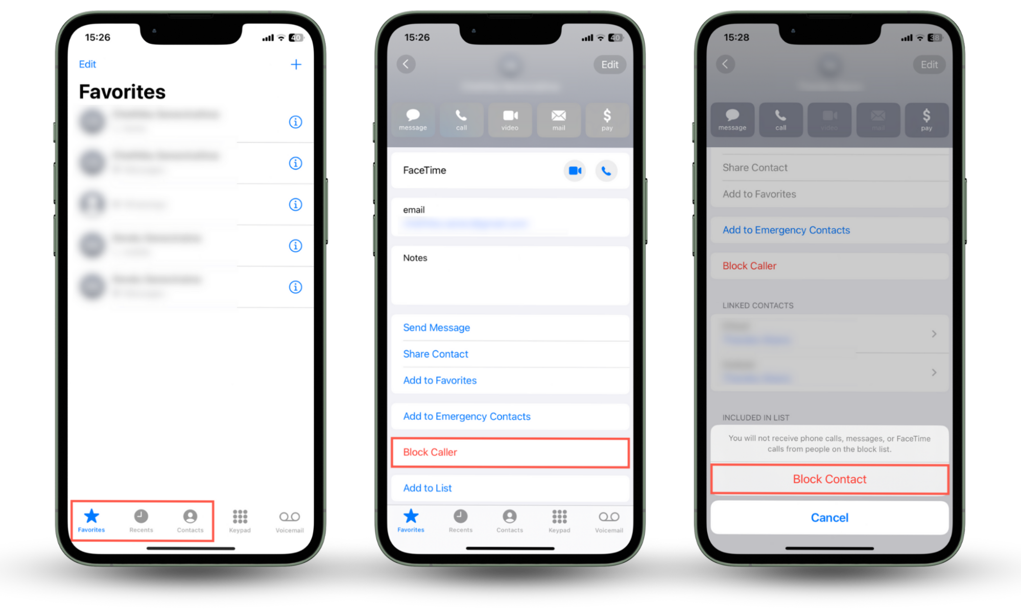 These iOS app screenshots show how to block a number on an iPhone via the Phone app's Favorites, Recents, and Contacts tabs. These iOS app screenshots show how to block a number on an iPhone via the Phone app's Favorites, Recents, and Contacts tabs.