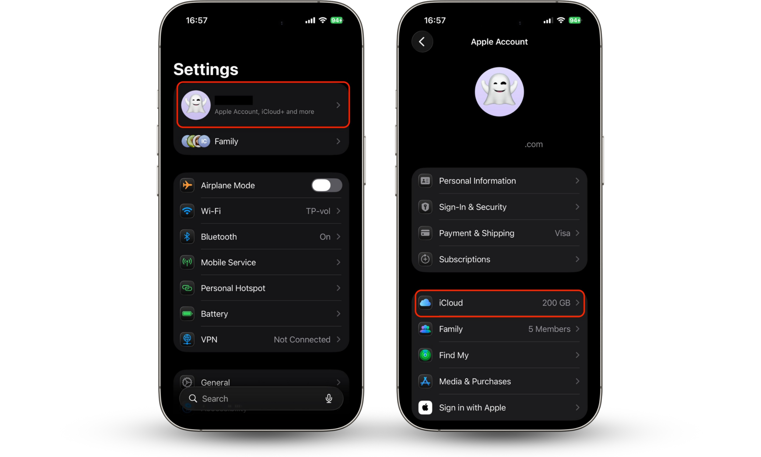 iPhone Settings screen showing how to access iCloud by tapping your Apple ID profile and opening iCloud settings